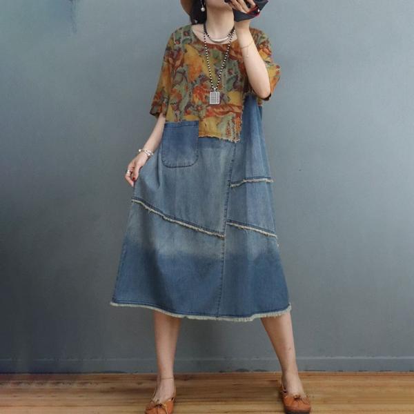 Raw Hem Denim Midi Dress Printed Fringed Jean Shift Dress