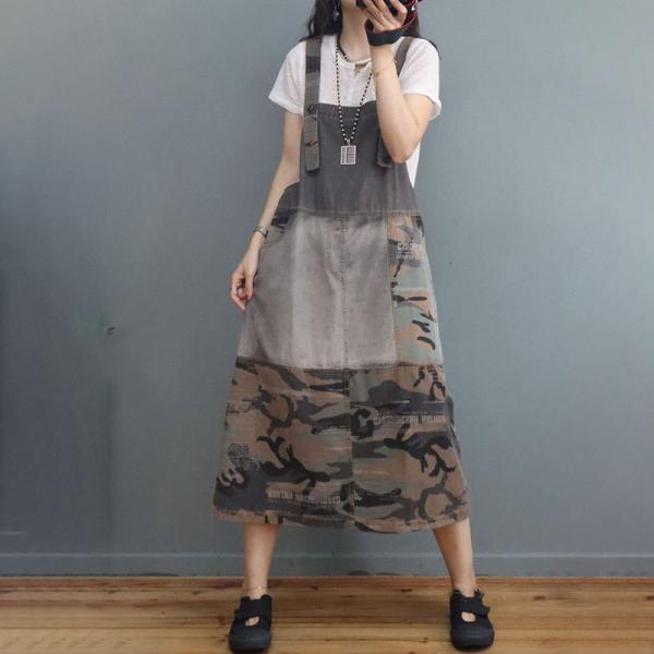 Street Style Camo Overall Dress Denim Plaid Dress