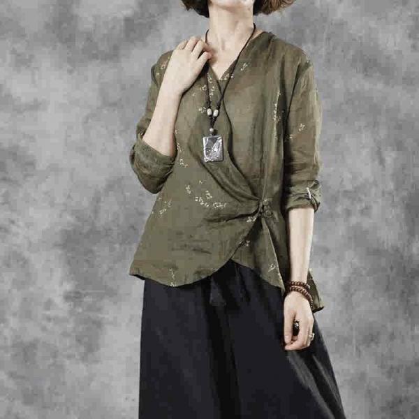 Front Button Printed Wrap Shirt Ramie Army Green Blouse