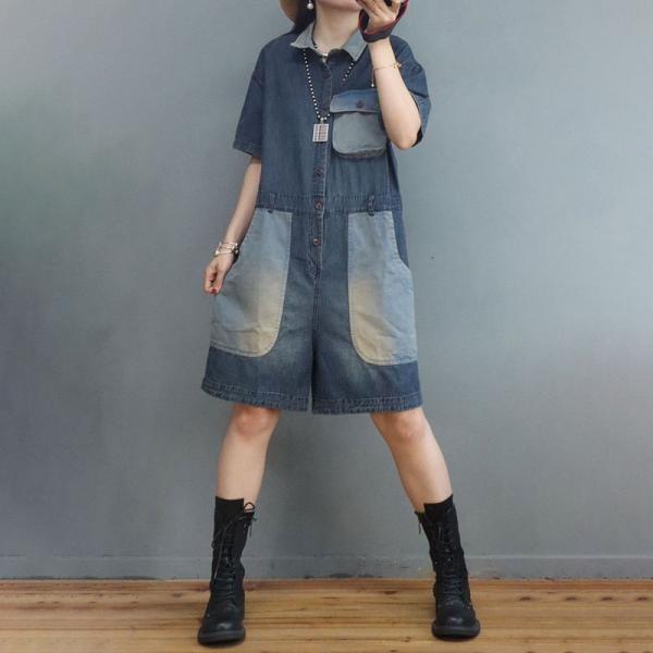 Trendy Pockets Wide Leg Jumpsuits Denim Short Coveralls