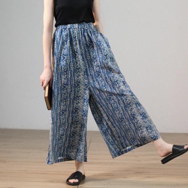 Folk Totem Prints Blue Gaucho Pants Cotton Linen Ankle Pants