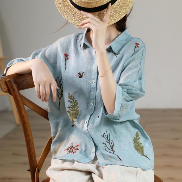 Chunky Embroidery Blouse Light Blue Linen Shirt for Women