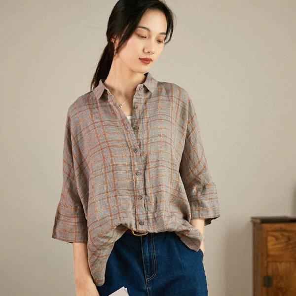 Leisure Style Gingham Blouse Womens Flax Oversized Shirt