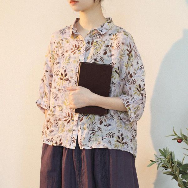 Leaf Patterns Fluffy Sleeve Flax Clothing Loose-Fit Linen Shirt