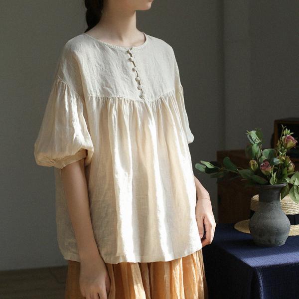 Puff Sleeves Linen Doll Blouse Flax Oversized Plain Pullover