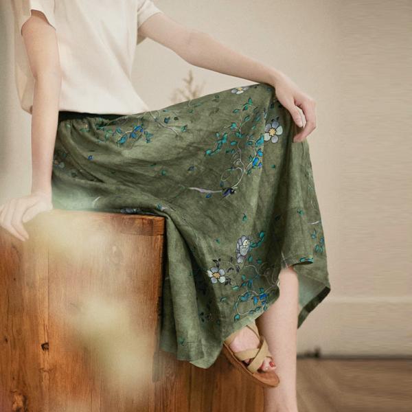 Elastic Waist Printed Linen Skirt Maxi Green Flare Skirt