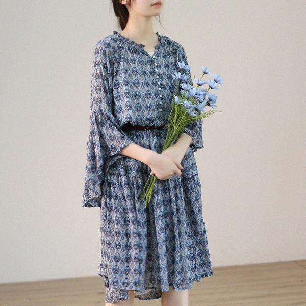 Flouncing Sleeves Blue Floral Dress Loose Beach Chiffon Dress