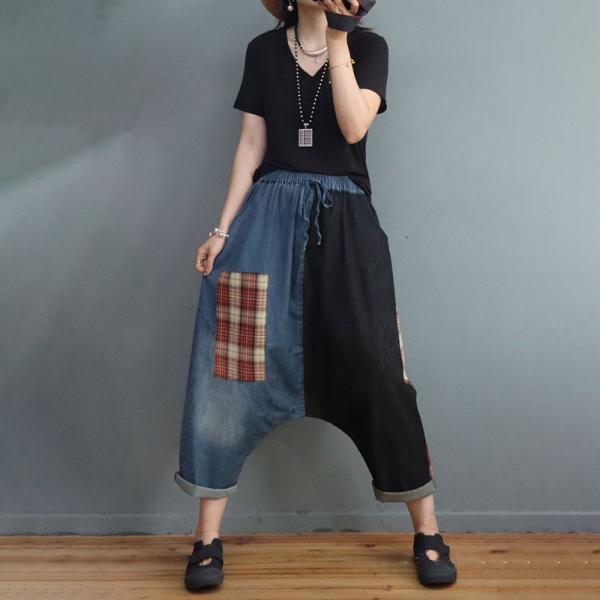 Blue Contrast Checkered Harem Pants Patchwork Denim Fisherman Pants