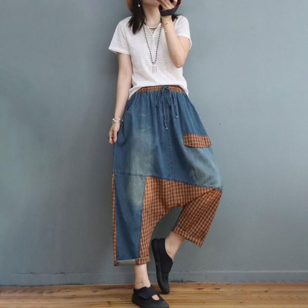 Plaid Patchwork Comfy Harem Jeans Drawstring Waist Genie Pants