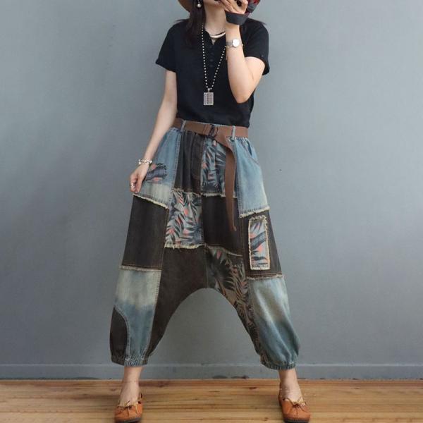 Fashion Printed Patchwork Stone Wash Jeans Raw Hem Hammer Pants