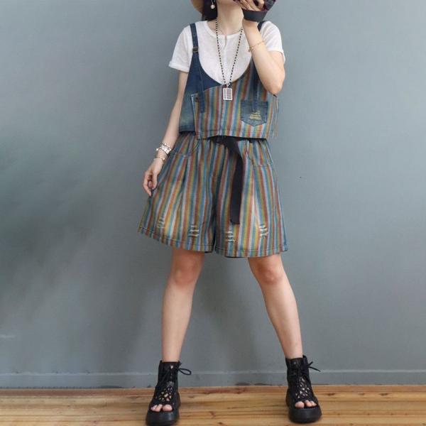 Colorful Striped and Gingham Denim Vest with Short Sets