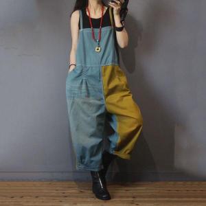 Contrasting Colors Plus Size Jean Jumpsuits Summer Cotton Slip Overalls