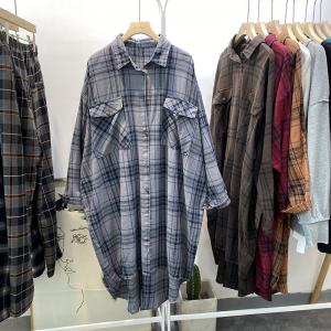 Korean Style Asymmetrical Checkered Shirt Oversized Long Linen Shirt Womens