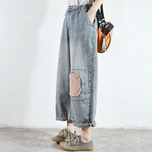 Circle Patchwork Baggy Boyfriend Jeans Womens Straight Leg Jeans