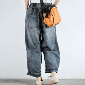 Korean Style Blue Patchwork Cuffed Jeans Baggy Stone Wash Jeans