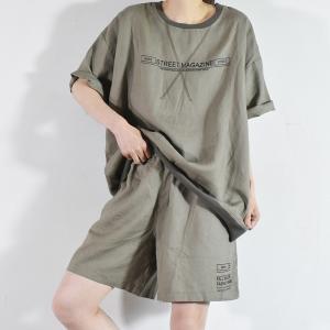 Casual Style Letter Linen Sweatshirt with Loose Short Sets