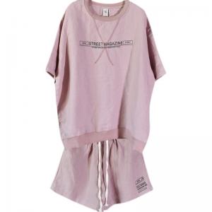 Casual Style Letter Linen Sweatshirt with Loose Short Sets