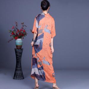 Abstract Patterned Loose Maxi Dress Silk Front Cross Kimono Dress