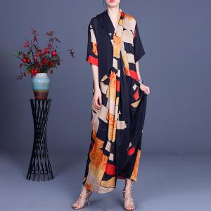 Abstract Patterned Loose Maxi Dress Silk Front Cross Kimono Dress