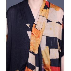 Abstract Patterned Loose Maxi Dress Silk Front Cross Kimono Dress