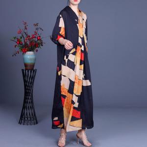 Abstract Patterned Loose Maxi Dress Silk Front Cross Kimono Dress