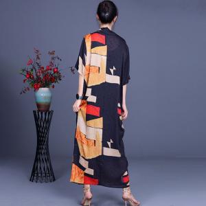 Abstract Patterned Loose Maxi Dress Silk Front Cross Kimono Dress