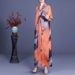 Abstract Patterned Loose Maxi Dress Silk Front Cross Kimono Dress