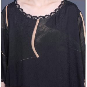 Crew Neck Lace Trim Black Dress Loose Modest Church Dress