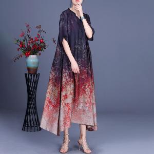 Sweetheart Neck Bicolored Dress Printed Silk Midi Dress for Senior Women