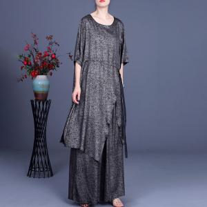 Drawstring Waist Asymmetrical Tunic with Loose Wide Leg Pants