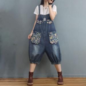 Flowers Pockets Fluffy Jumper Shorts Denim Plus Size Rompers