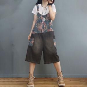Summer Printed Overall Shorts Denim Wide Leg Dungarees