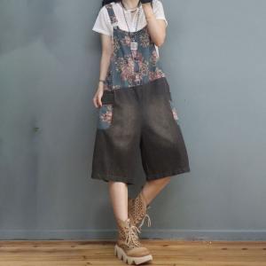Summer Printed Overall Shorts Denim Wide Leg Dungarees