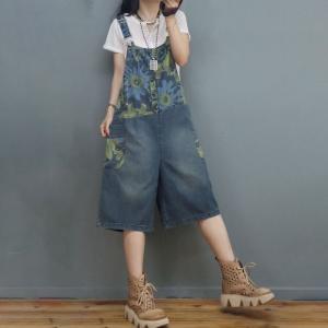 Summer Printed Overall Shorts Denim Wide Leg Dungarees