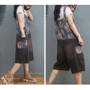 Summer Printed Overall Shorts Denim Wide Leg Dungarees