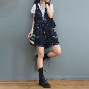 Graffiti Prints Lace Up Vest with Denim Shorts