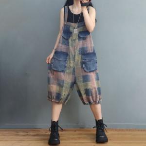 Beach Fashion Colorful Plaid Overalls Flap Pockets Gingham Shorts