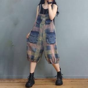 Beach Fashion Colorful Plaid Overalls Flap Pockets Gingham Shorts