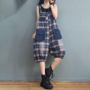 Beach Fashion Colorful Plaid Overalls Flap Pockets Gingham Shorts