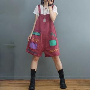 Colorful Patchwork Letter Overall Shorts Adjustable Straps Denim Rompers