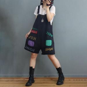 Colorful Patchwork Letter Overall Shorts Adjustable Straps Denim Rompers