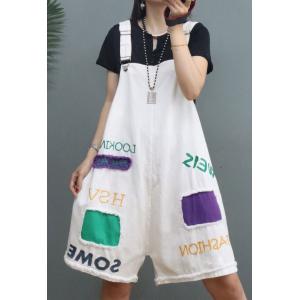 Colorful Patchwork Letter Overall Shorts Adjustable Straps Denim Rompers