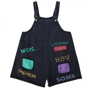 Colorful Patchwork Letter Overall Shorts Adjustable Straps Denim Rompers