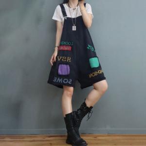 Colorful Patchwork Letter Overall Shorts Adjustable Straps Denim Rompers