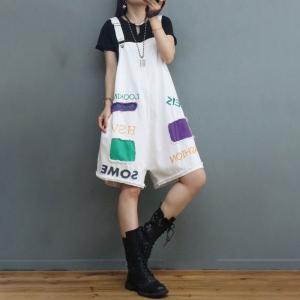 Colorful Patchwork Letter Overall Shorts Adjustable Straps Denim Rompers