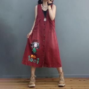 Cartoon Character Button Down Vest Dress Flap Pockets Denim Dress