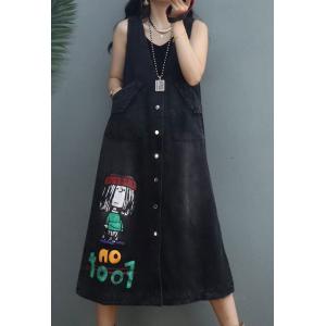 Cartoon Character Button Down Vest Dress Flap Pockets Denim Dress