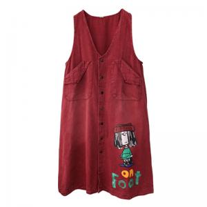 Cartoon Character Button Down Vest Dress Flap Pockets Denim Dress