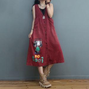 Cartoon Character Button Down Vest Dress Flap Pockets Denim Dress