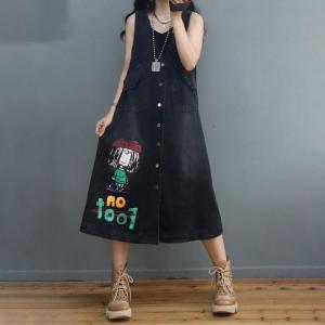 Cartoon Character Button Down Vest Dress Flap Pockets Denim Dress